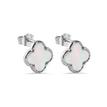 Load image into Gallery viewer, Sterling Silver Rhodium Plated Synthethic Pearl Four Leaf Clover Stud Earring