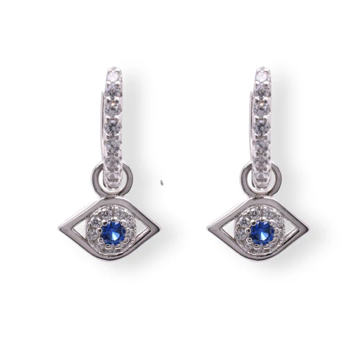 Sterling Silver Rhodium Plated Dangling Evil Eye Blue And Clear CZ Higgie Earring