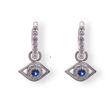 Load image into Gallery viewer, Sterling Silver Rhodium Plated Dangling Evil Eye Blue And Clear CZ Higgie Earring