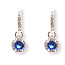 Load image into Gallery viewer, Sterling Silver Rhodium Plated Dangling Micro Pave Blue And Clear CZ Huggie Earring