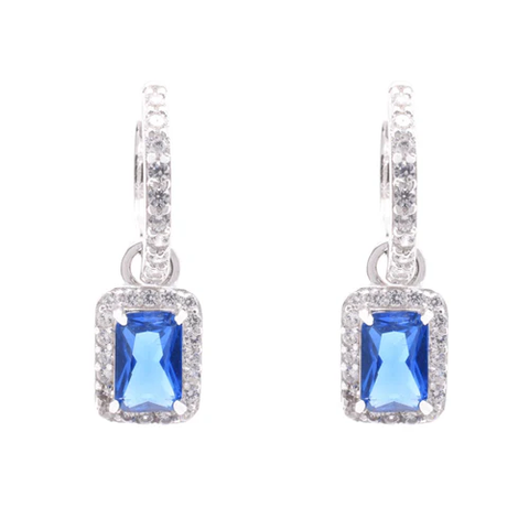 Sterling Silver Rhodium Plated Dangling Micro Pave Emerald Cut Blue And Clear CZ Huggie Earring