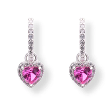 Load image into Gallery viewer, Sterling Silver Rhodium Plated Dangling Micro Pave Heart Red And Clear CZ Huggie Earring