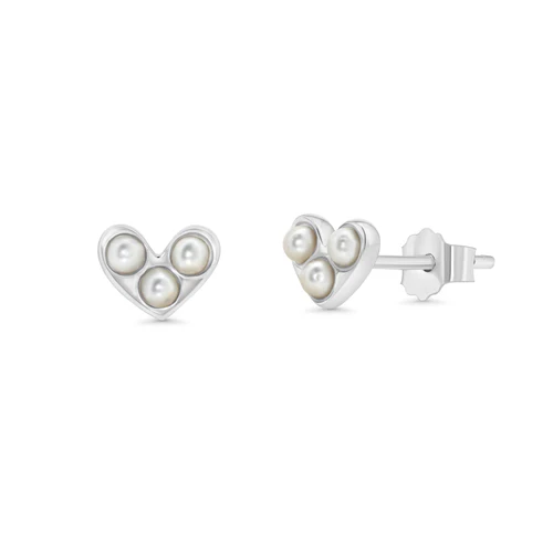 Sterling Silver Rhodium Plated Heart Synthetic Pearl Stud Earring