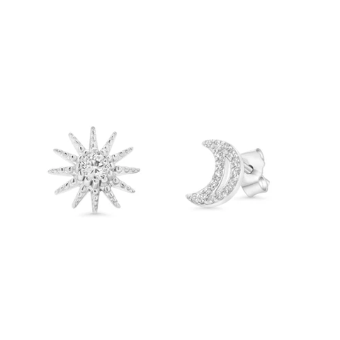 Sterling Silver Rhodium Plated Moon And Star Clear CZ Stud Earring