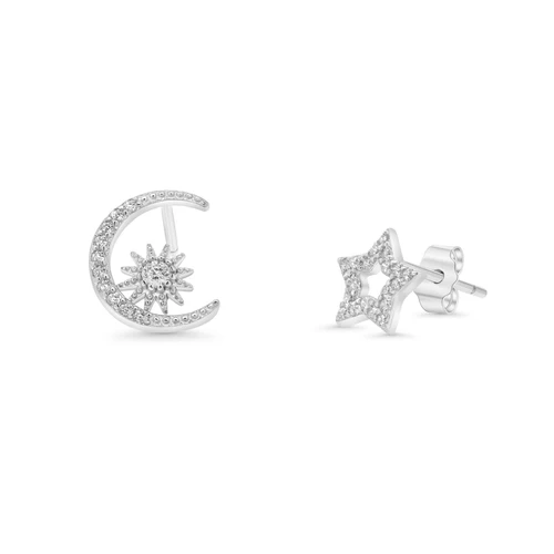 Sterling Silver Rhodium Plated Sun And Moon Clear CZ Stud Earring