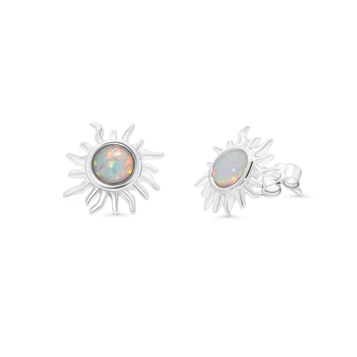 Sterling Silver Rhodium Plated Sun Synthetic Opal Stud Earring