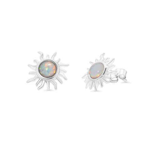 Sterling Silver Rhodium Plated Sun Synthetic Opal Stud Earring