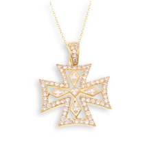 Load image into Gallery viewer, Sterling Silver Gold Plated Maltese Cross Clear CZ Pendant Necklace