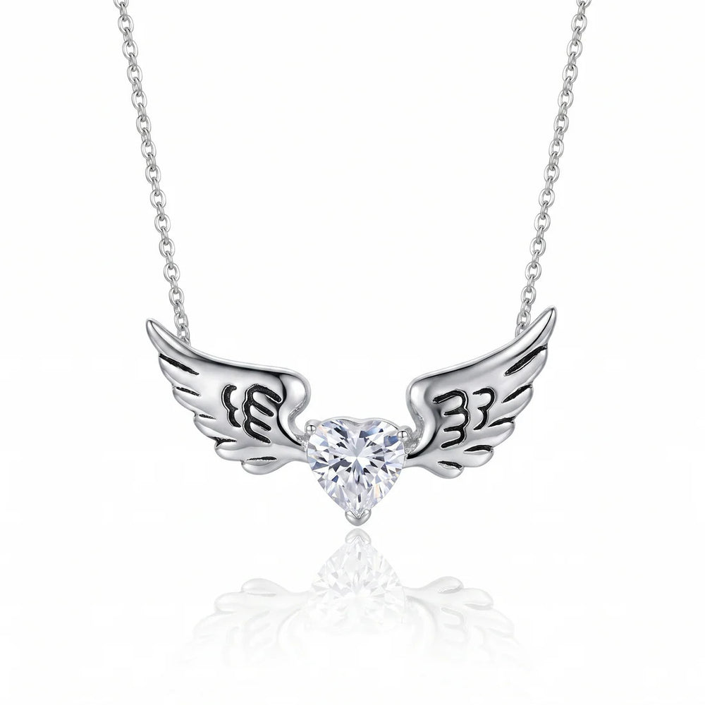Sterling Silver Rhodium Plated Winged CZ Heart Pendant Necklace