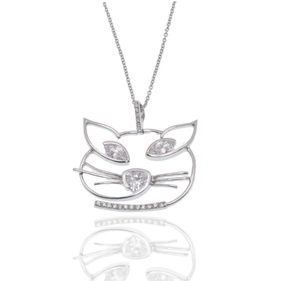 Sterling Silver Rhodium Plated Whimsical Cat Face Marquise Clear CZ Necklace