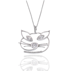 Sterling Silver Rhodium Plated Whimsical Cat Face Marquise Clear CZ Necklace