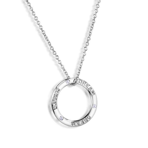 Sterling Silver Rhodium Plated Clear CZ Open Circle DREAM Engraved Necklace