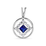 Sterling Silver Rhodium Plated Round Clear CZ and Square Blue Pendant