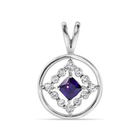 Sterling Silver Rhodium Plated Round Clear CZ and Square Purple Pendant