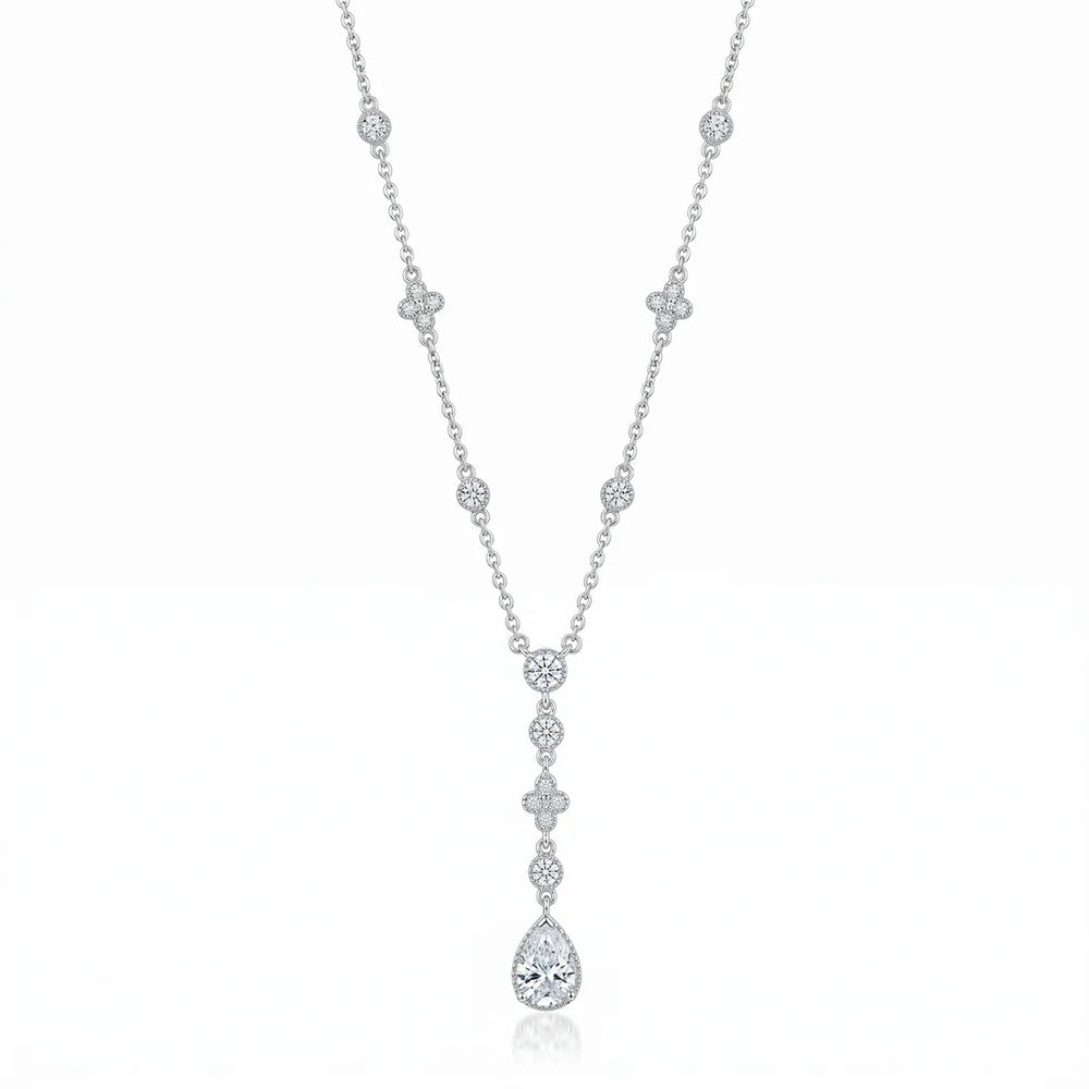 Sterling Silver Rhodium Plated Bezel And Teardrop Dangle Necklace