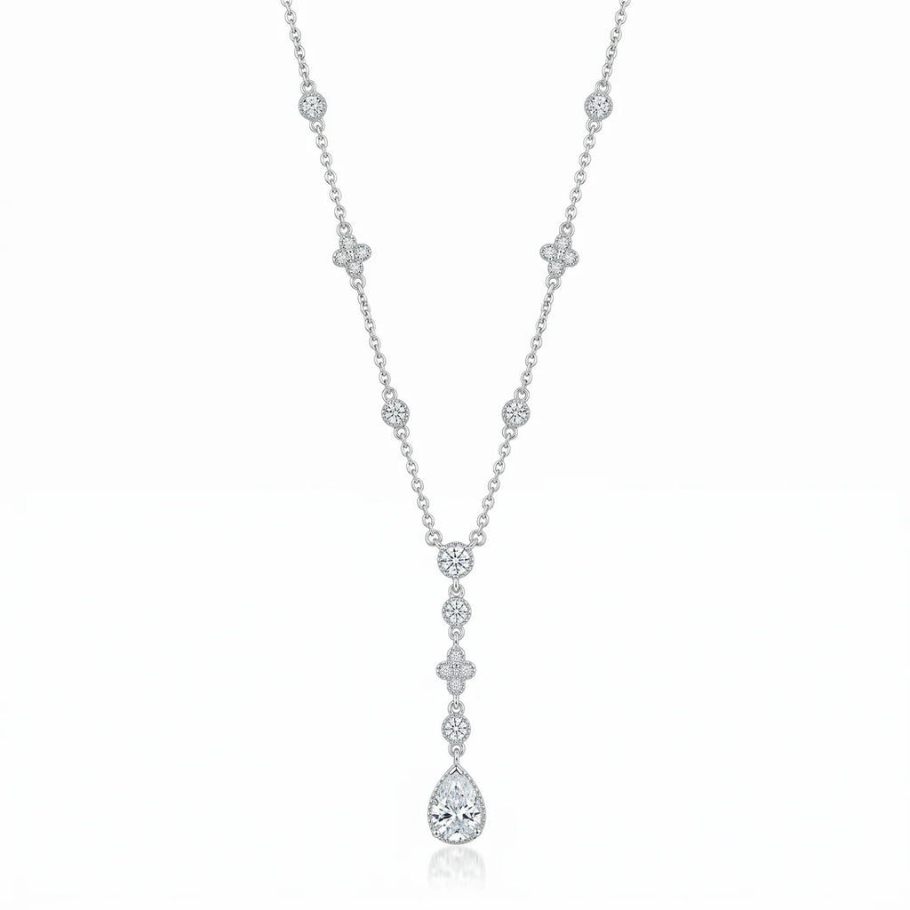 Sterling Silver Rhodium Plated Bezel And Teardrop Dangle Necklace