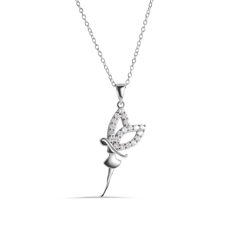 Sterling Silver Rhodium Plated Fairy with Clear CZ Wings Adjustable Necklace