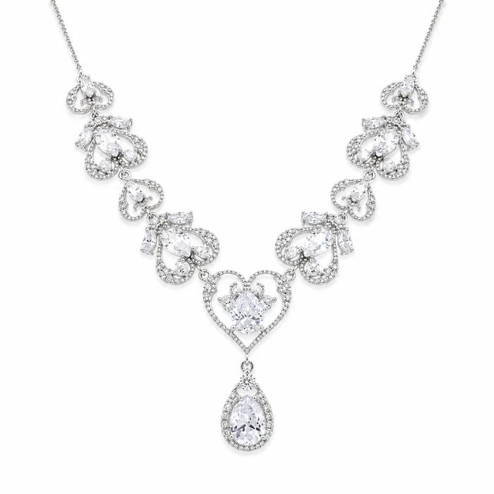 Sterling Silver Rhodium Plated Victorian Hearts Teardrop Clear CZ Bridal Necklace