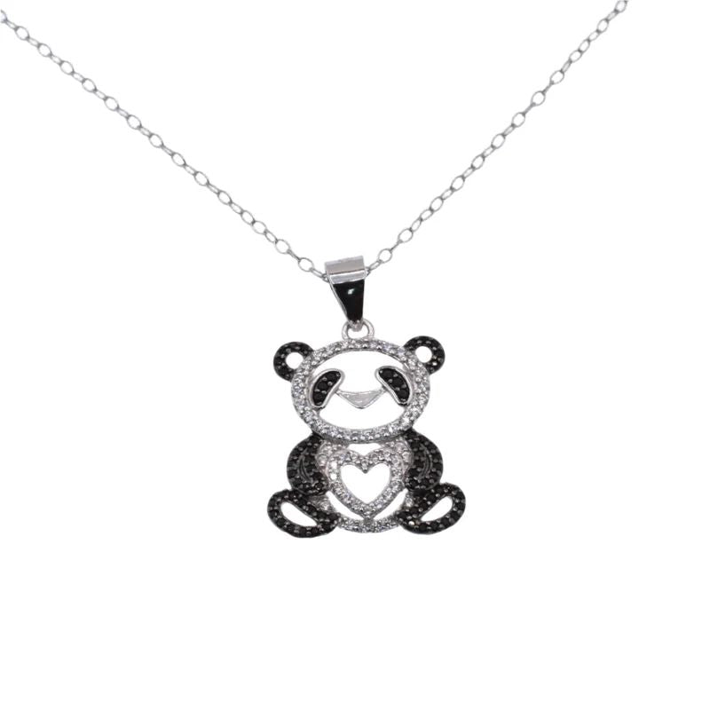 Sterling Silver Rhodium Plated Panda Heart Black and Clear CZ Pendant Necklace