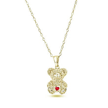 Load image into Gallery viewer, Sterling Silver Gold Plated Bear Heart Red and Clear CZ Pendant Necklace