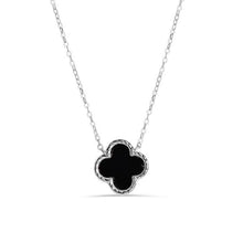 Load image into Gallery viewer, Sterling Silver Rhodium Plated Black Enamel Four Leaf Clover Adjustable Necklace