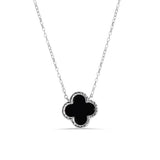 Sterling Silver Rhodium Plated Black Enamel Four Leaf Clover Adjustable Necklace