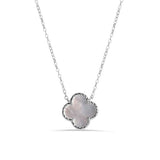 Sterling Silver Rhodium Plated Syntethic Pearl Four Leaf Clover Adjustable Necklace