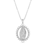 Sterling Silver Rhodium Plated Our Lady Of Guadalupe Pear Shape Clear CZ Adjustable Pendant Necklace