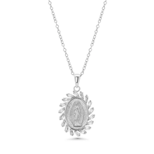 Load image into Gallery viewer, Sterling Silver Rhodium Plated Our Lady Of Guadalupe Baguette Clear CZ Adjustable Pendant Necklace