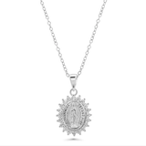 Sterling Silver Rhodium Plated Our Lady Of Guadalupe Pear Shaped Clear CZ Adjustable Pendant Necklace