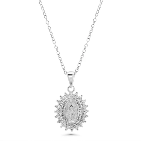 Sterling Silver Rhodium Plated Our Lady Of Guadalupe Pear Shaped Clear CZ Adjustable Pendant Necklace