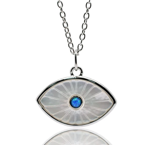 Sterling Silver Rhodium Plated Synthetic White Pearl Evil Eye Blue CZ Pendant Necklace