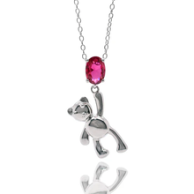 Load image into Gallery viewer, Sterling Silver Rhodium Plated Teddy Bear Synthetic Ruby Red CZ Pendant Necklace