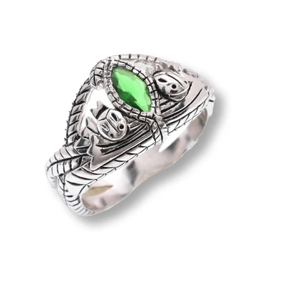 Sterling Silver Rhodium Plated Mystical Green Marquise CZ Intricate Leaf Detailed 13.8mm Ring