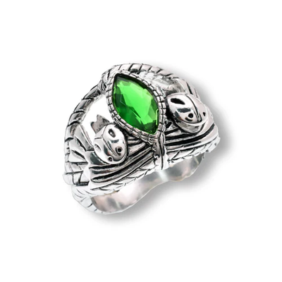 Sterling Silver Rhodium Plated Mystical Green Marquise CZ Intricate Leaf Detailed Ring
