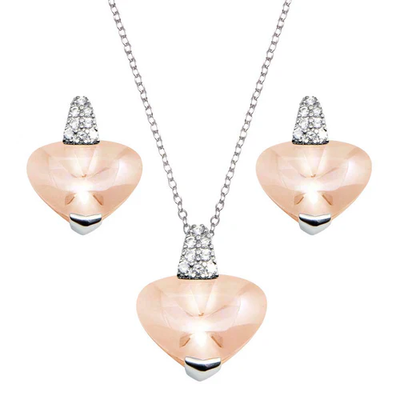 Sterling Silver Rhodium Plated Heart Champaign CZ Set