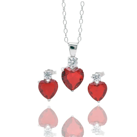 Sterling Silver Rhodium Plated Synthetic Ruby Red Heart Clear CZ Stud Earring And Necklace Set