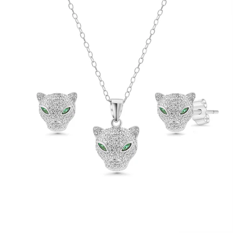 Sterling Silver Rhodium Plated Panther Emerald Eye And Clear CZ Set