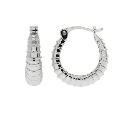 Sterling Silver Rhodium Plated Ribbed Textured Hoop Earrings