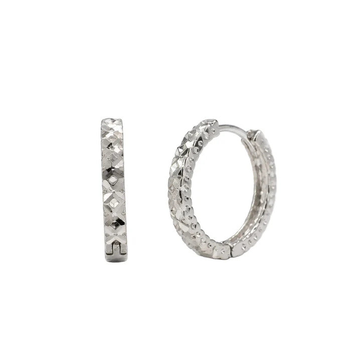 Sterling Silver Rhodium Plated Diamond Cut Hoop Earrings