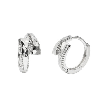 Sterling Silver Rhodium Plated Diamond Cut Geometric Hoop Earrings