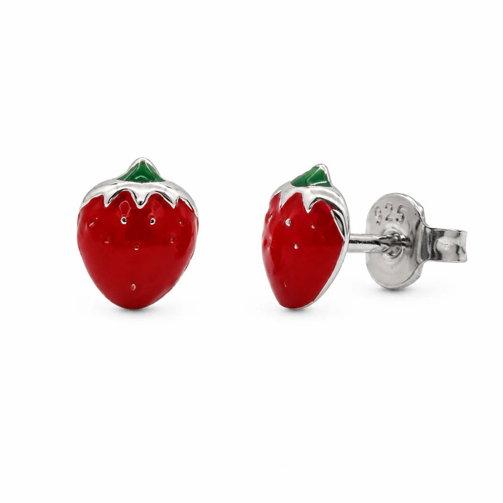 Sterling Silver Rhodium Plated Enamel Strawberry Stud Earrings