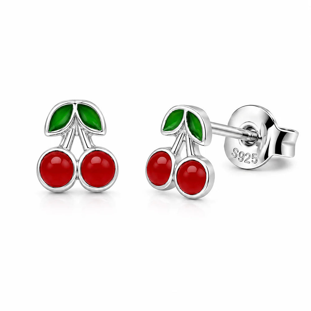 Sterling Silver Rhodium Plated Cherry Red Enamel Fruit Design And Green Leaf Accents Earrings