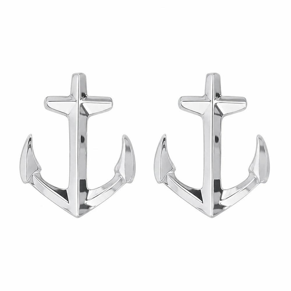 Sterling Silver Rhodium Plated Diamond Cut Anchor Stud Earrings
