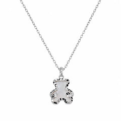 Sterling Silver Rhodium Plated Diamond Cut Dainty Teddy Bear Pearl Necklace