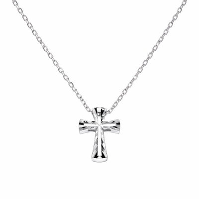 Sterling Silver Rhodium Plated Diamond Cut Cross Necklace
