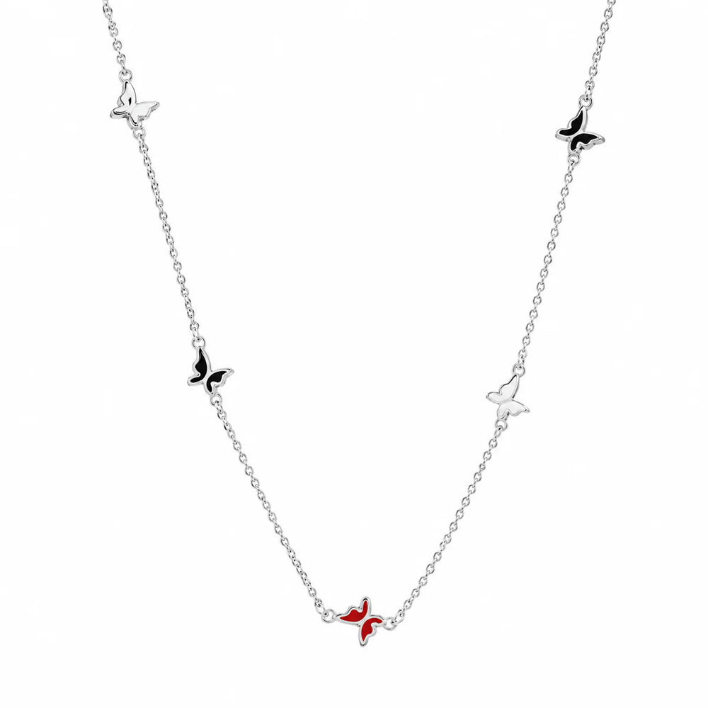 Sterling Silver Rhodium Plated Enamel Multi Color Butterfly Necklace