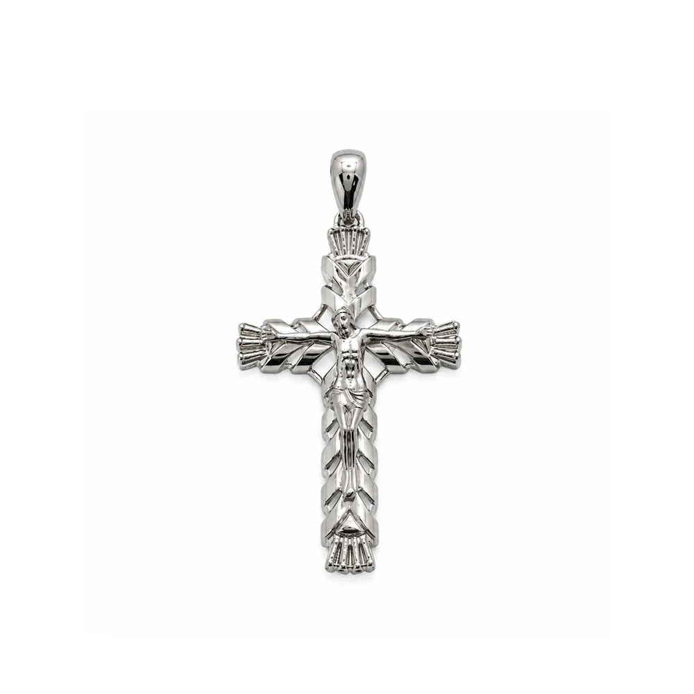 Sterling Silver Rhodium Plated Diamond Cut Small Ornate Faceted Cross Pendant
