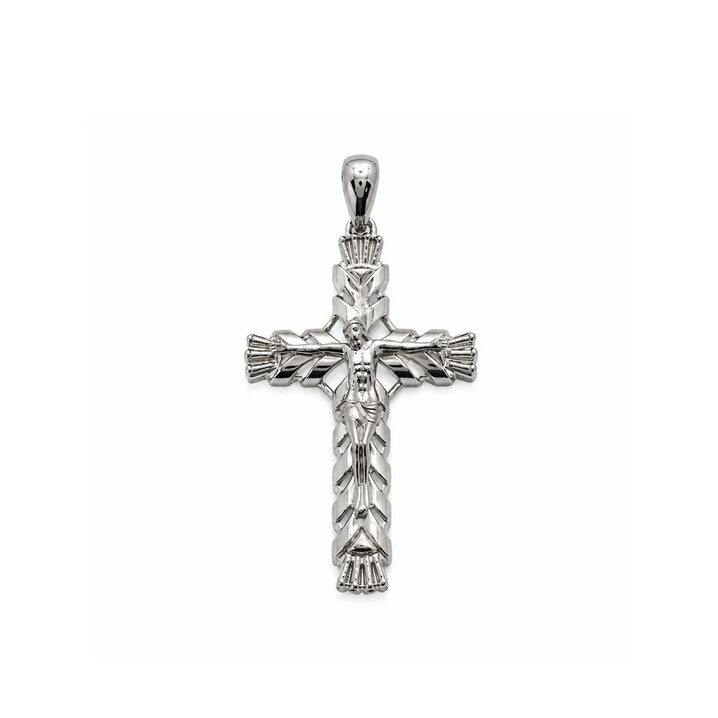 Sterling Silver Rhodium Plated Diamond Cut Small Ornate Faceted Cross Pendant