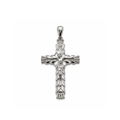 Sterling Silver Rhodium Plated Diamond Cut Small Ornate Faceted Cross Pendant